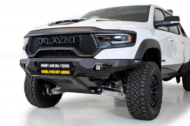 RAM 1500 TRX Bumper - Front - Addictive Desert Designs - Bomber with Dual 20-inch LED Bar Mounts - Hammer Black with Satin Black panels - `21-`27